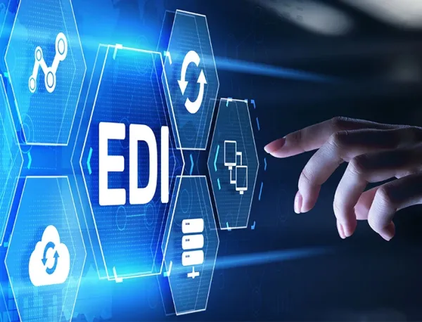Infografica che mostra il flusso di dati tra aziende con l'uso dell'EDI per automatizzare i processi commerciali.