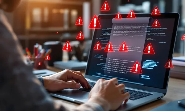 Illustrazione di un sistema documentale obsoleto con avvisi di errore